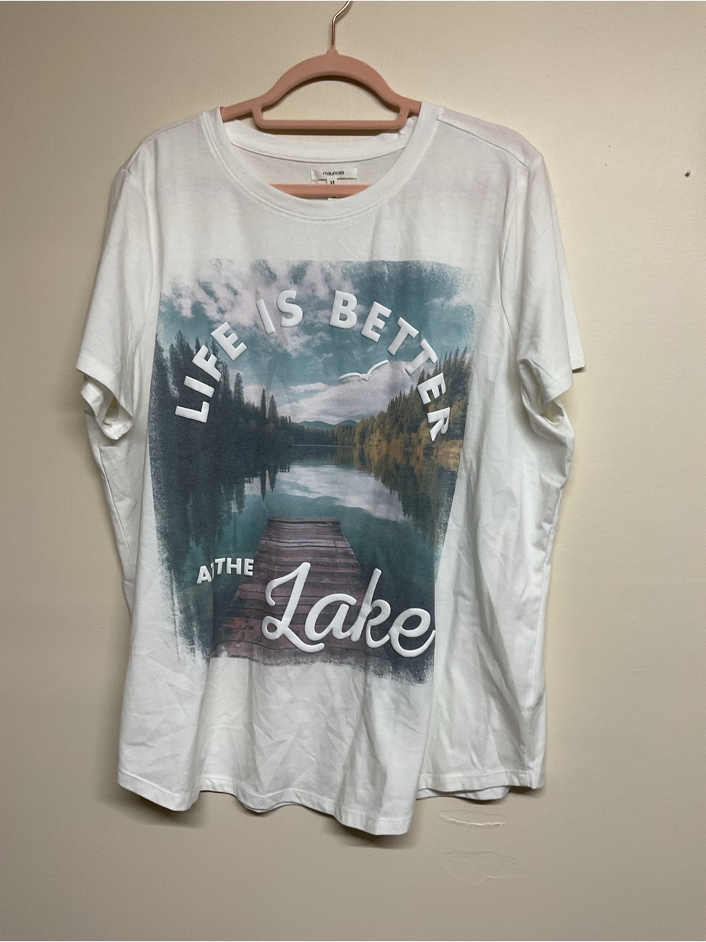 Maurices White Short Sleeve Tee with Lake Dock Scenic Print